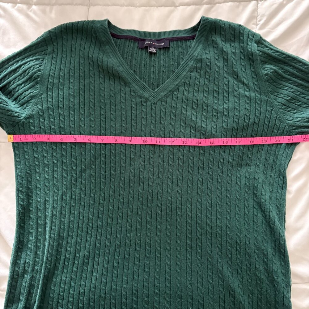 Tommy Hilfiger Women's Green Cable-Knit V-Neck Ivy Sweater Preppy XL - Picture 6 of 8